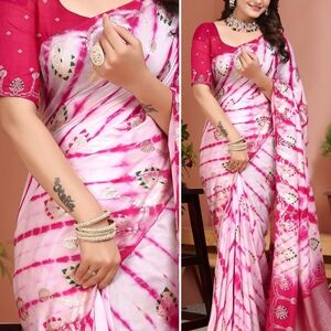 Red and White Tie-Dye Saree with Embellishments